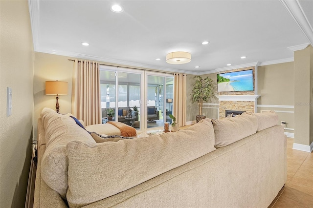 tiled living room with a fireplace and crown molding