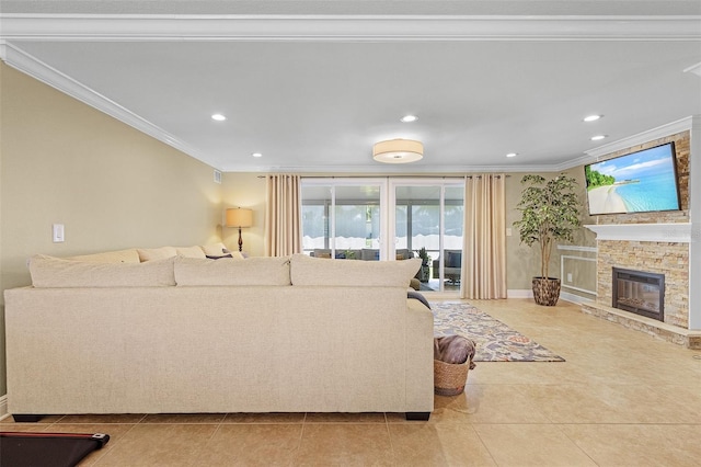 tiled living room featuring a stone fireplace and crown molding