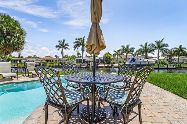 view of pool with a water view and a patio