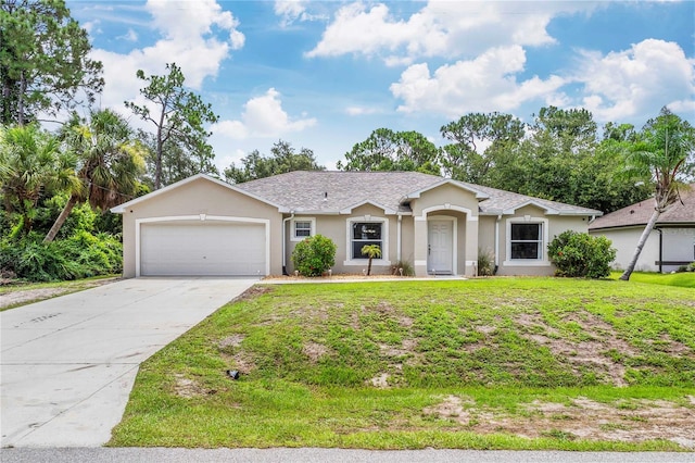 single story home with a front lawn and a garage