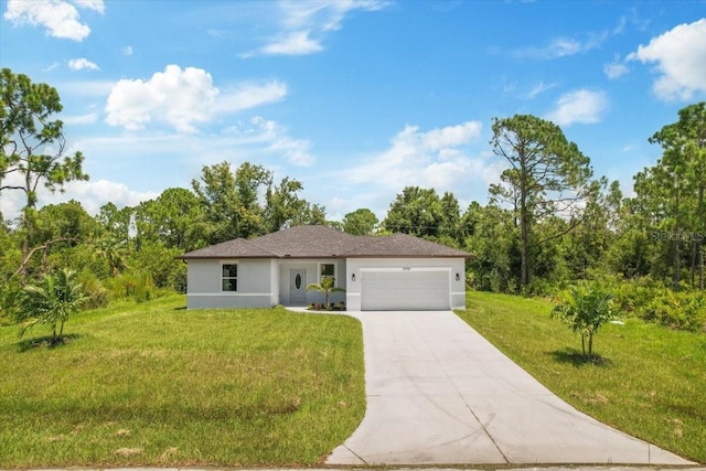 ranch-style home with a front lawn, concrete driveway, an attached garage, and stucco siding