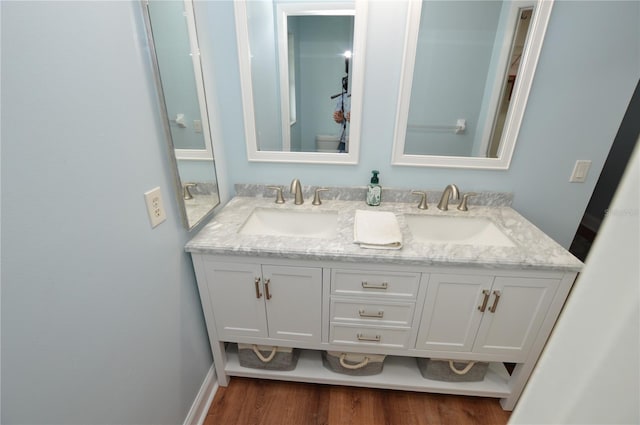 bathroom with hardwood / wood-style flooring and vanity