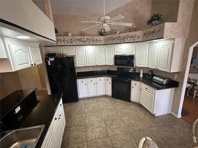 kitchen featuring white cabinetry, black appliances, ceiling fan, and high vaulted ceiling