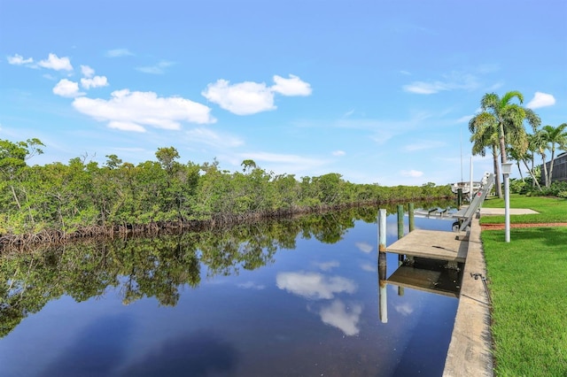 dock area with a water view and a lawn