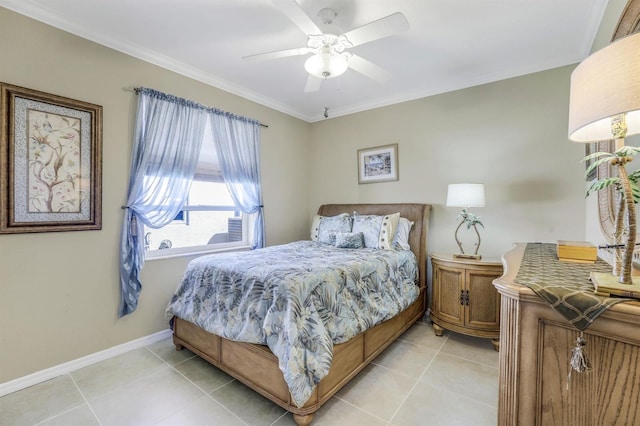 tiled bedroom featuring crown molding and ceiling fan