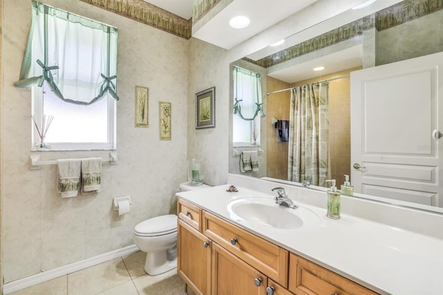 bathroom featuring vanity, a shower with curtain, tile patterned floors, and toilet