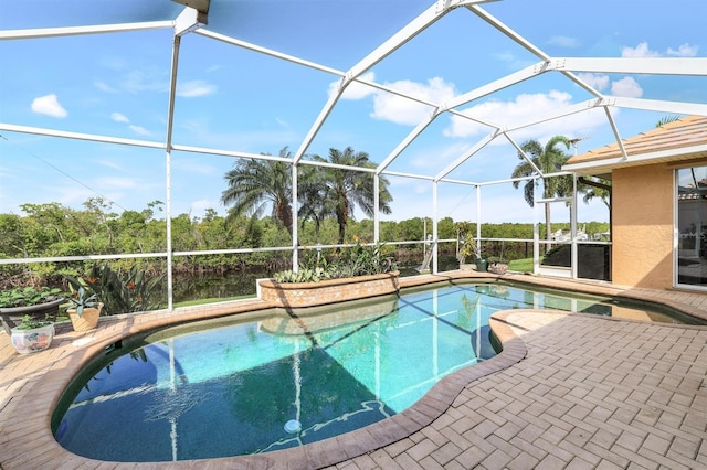 view of pool featuring a lanai and a patio area