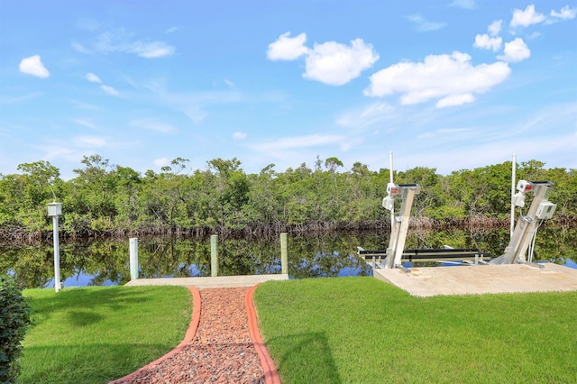 view of yard featuring a water view and a dock