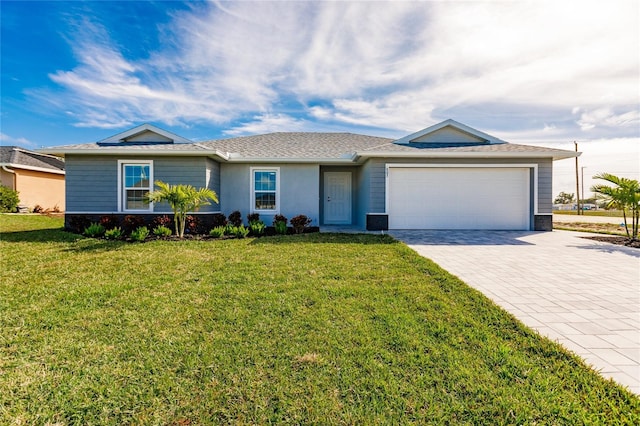 single story home featuring a front yard and a garage