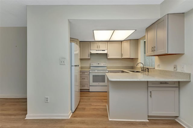 kitchen featuring white appliances, a peninsula, light countertops, under cabinet range hood, and a sink