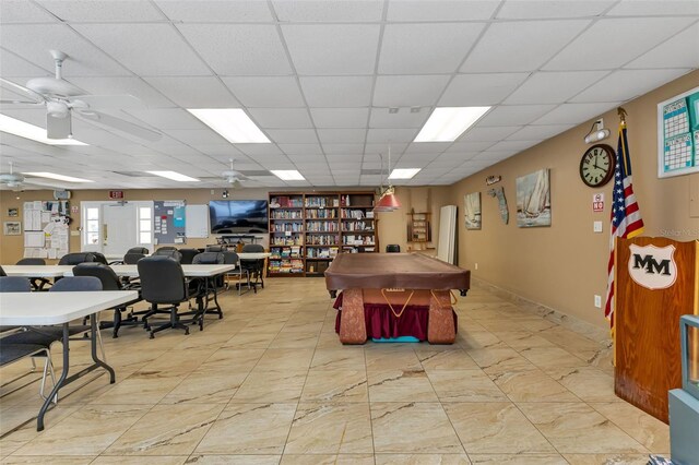 playroom featuring a ceiling fan, a paneled ceiling, and billiards