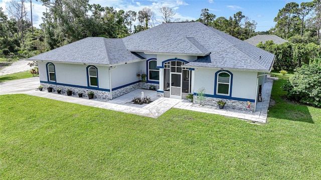 view of front of property featuring stone siding, a shingled roof, and stucco siding