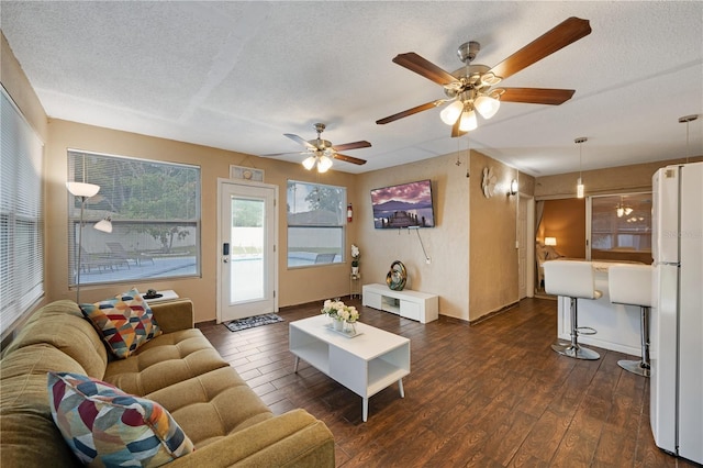 living room with a textured ceiling, ceiling fan, and dark hardwood / wood-style flooring