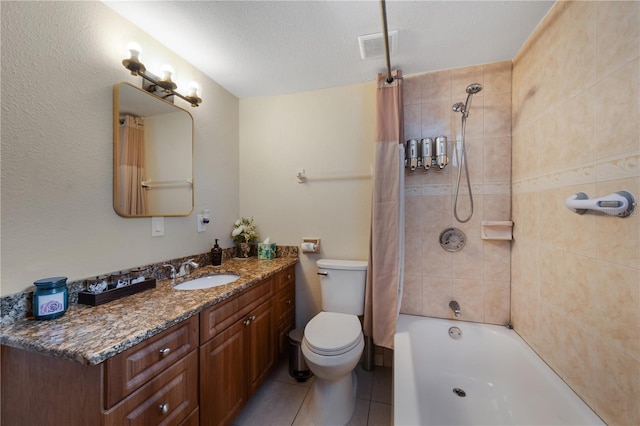 full bathroom with toilet, tile patterned flooring, vanity, a textured ceiling, and shower / tub combo