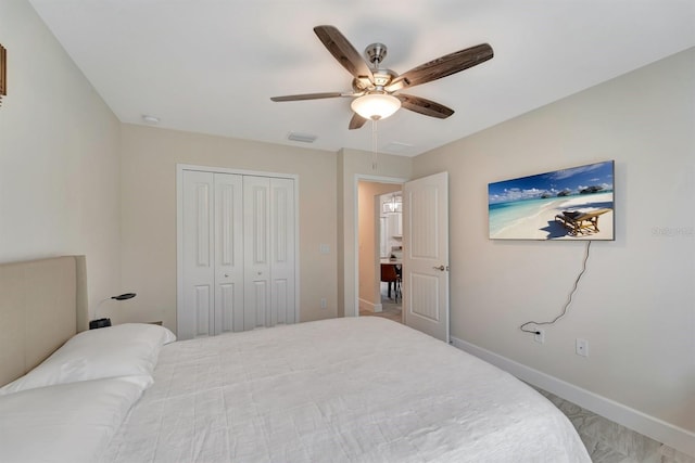 bedroom with ceiling fan and a closet