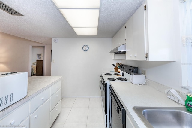 kitchen with white cabinetry, sink, white electric stove, black dishwasher, and a textured ceiling