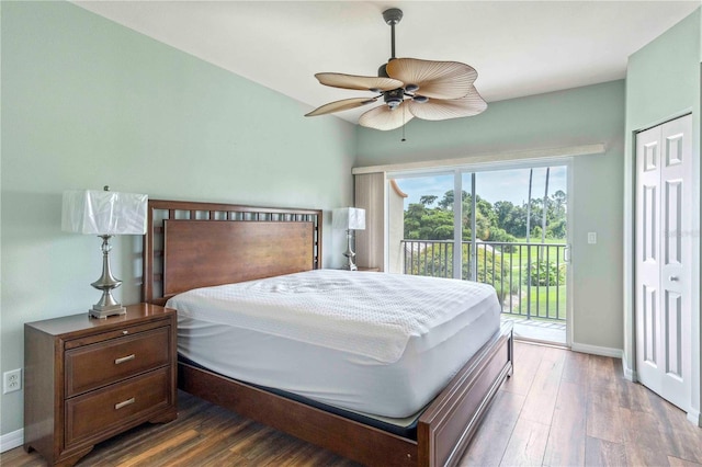 bedroom with ceiling fan, access to exterior, hardwood / wood-style floors, and a closet