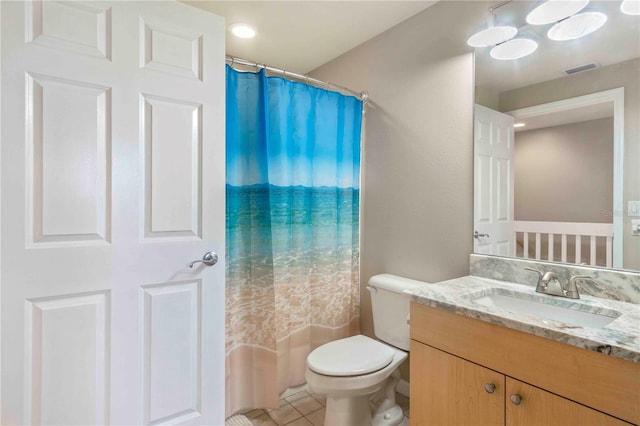 bathroom with tile patterned flooring, toilet, a shower with shower curtain, vanity, and visible vents