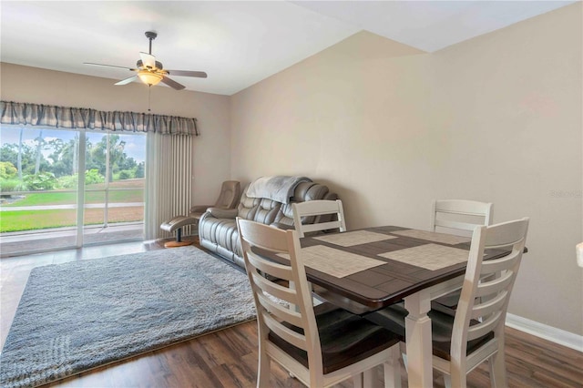 dining area featuring ceiling fan, wood finished floors, and baseboards