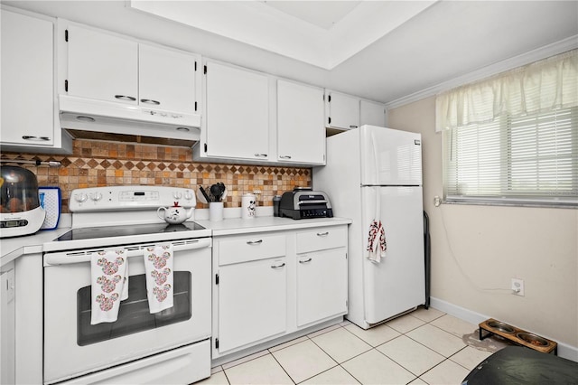 kitchen with decorative backsplash, white cabinetry, white appliances, and light tile patterned floors