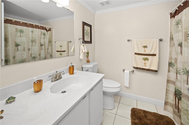 bathroom with ornamental molding, toilet, tile patterned flooring, and vanity