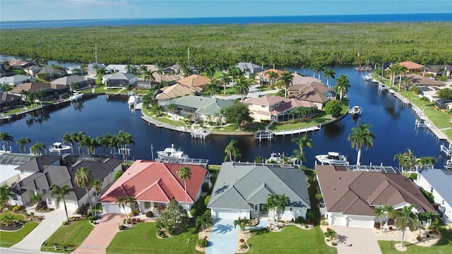 drone / aerial view featuring a water view