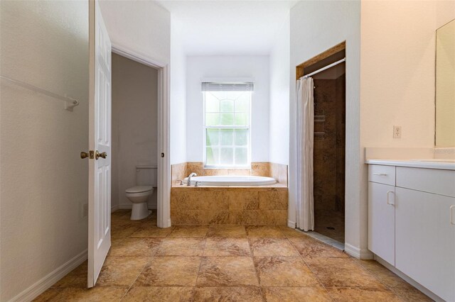 full bathroom with vanity, toilet, and plus walk in shower