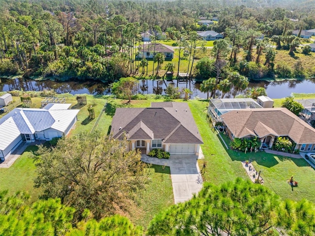 aerial view featuring a water view