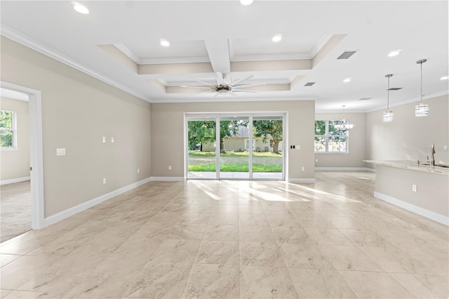 spare room with ornamental molding, coffered ceiling, ceiling fan with notable chandelier, sink, and beam ceiling