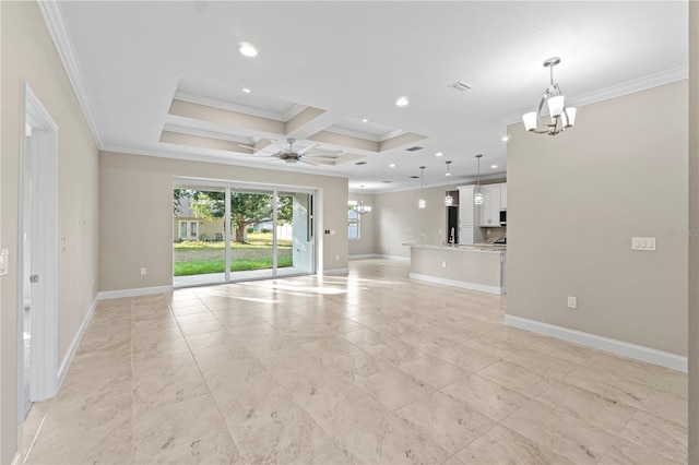 unfurnished living room with beam ceiling, ceiling fan with notable chandelier, crown molding, and coffered ceiling