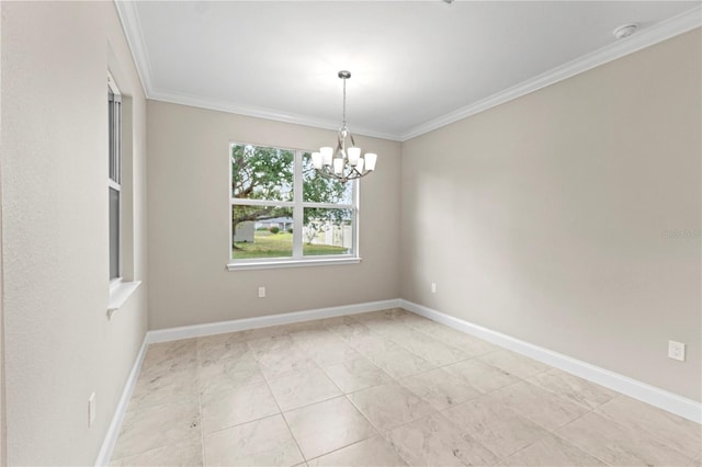 spare room with a chandelier and ornamental molding