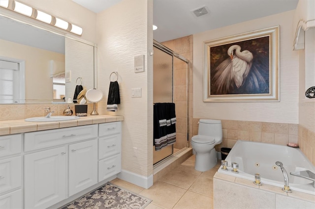 full bathroom with tile patterned flooring, plus walk in shower, toilet, and vanity