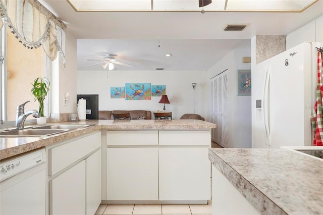 kitchen featuring white appliances, white cabinets, sink, kitchen peninsula, and ceiling fan