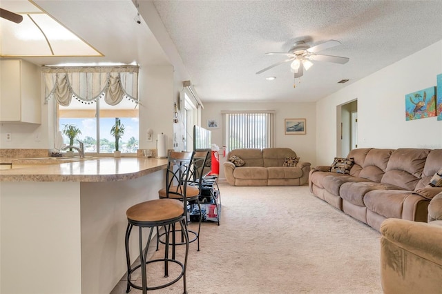 living room with light carpet, ceiling fan, a textured ceiling, and sink