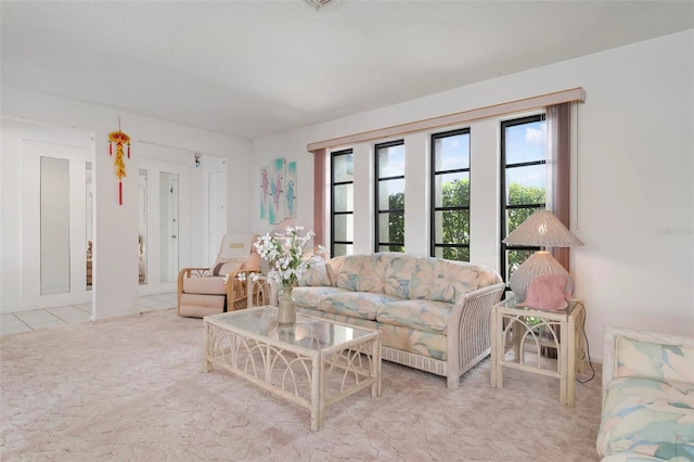 living room featuring light colored carpet