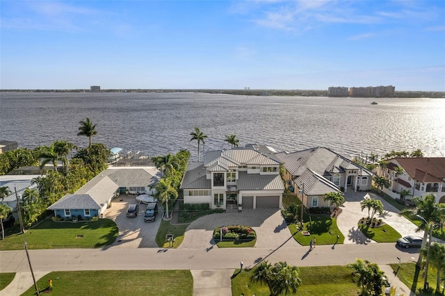 drone / aerial view featuring a water view