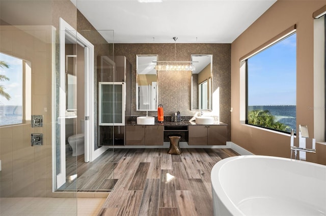 bathroom with vanity, wood finished floors, baseboards, a freestanding tub, and toilet