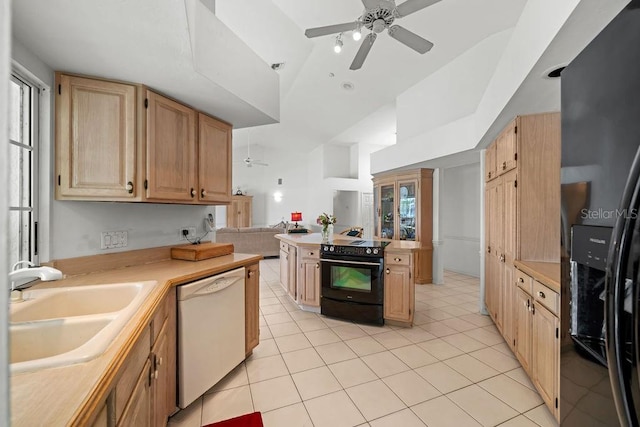 kitchen featuring black appliances, light brown cabinets, sink, light tile patterned flooring, and ceiling fan