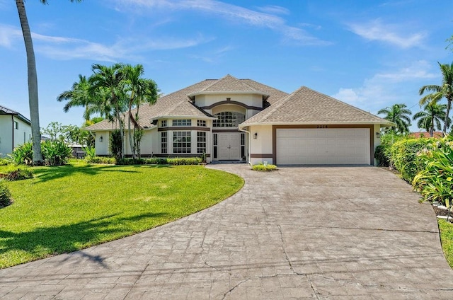 view of front of house with a front lawn and a garage