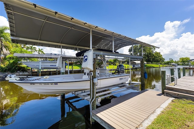 view of dock with a water view