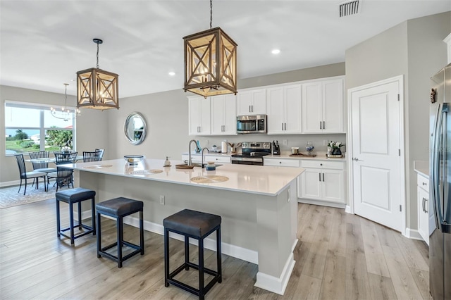 kitchen featuring pendant lighting, white cabinets, an island with sink, light hardwood / wood-style floors, and appliances with stainless steel finishes