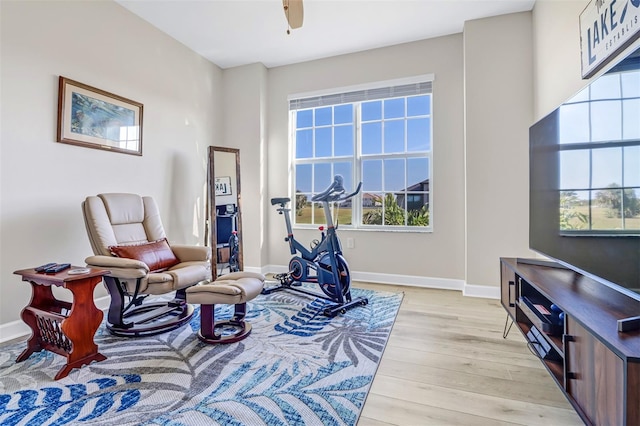 sitting room featuring ceiling fan, light hardwood / wood-style flooring, and a healthy amount of sunlight