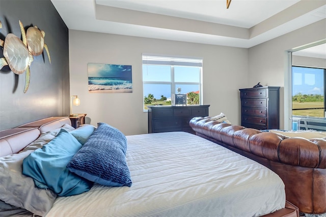 bedroom with a tray ceiling