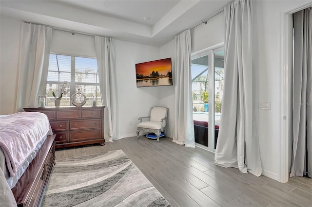 bedroom with a tray ceiling and access to outside