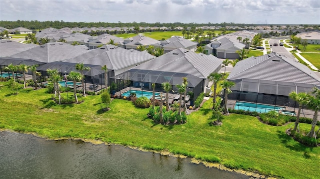 aerial view featuring a water view