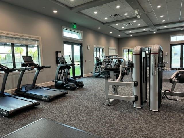 exercise room with a towering ceiling and french doors