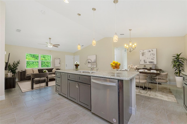 kitchen featuring dishwasher, ceiling fan with notable chandelier, an island with sink, pendant lighting, and sink