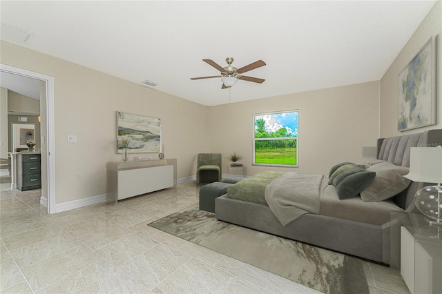 bedroom with light tile patterned flooring and ceiling fan