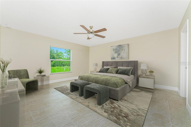 bedroom with light tile patterned floors and ceiling fan