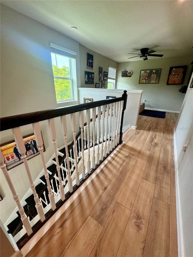 stairs featuring hardwood / wood-style floors, a textured ceiling, a healthy amount of sunlight, and ceiling fan